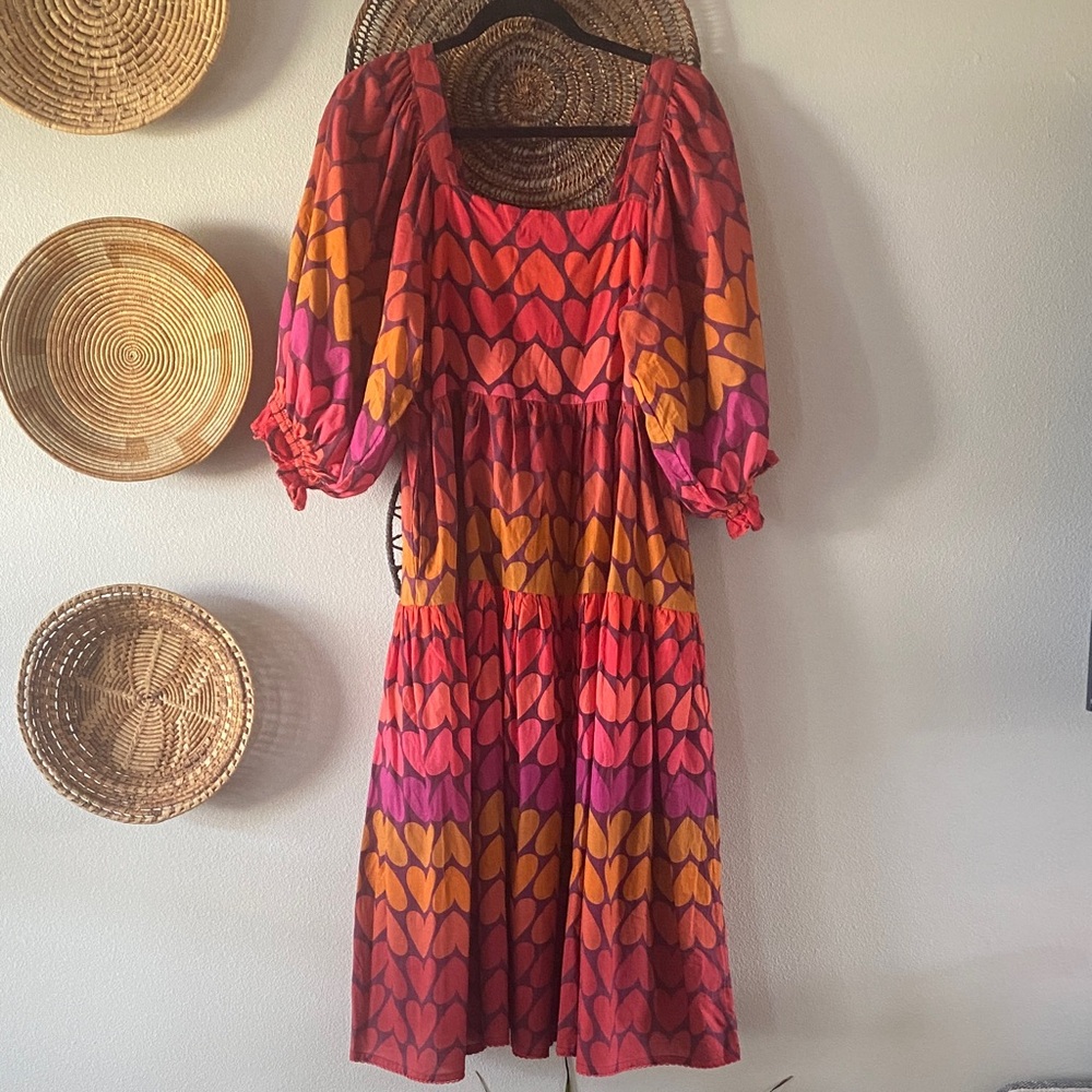 ivy jane Red, Pink & Orange Heart-Print Midi Dress with Puff Sleeves